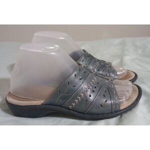 Clarks Bendables Blue Grey Leather Whipstitch Slide Sandals Womens 6.5 M 81166